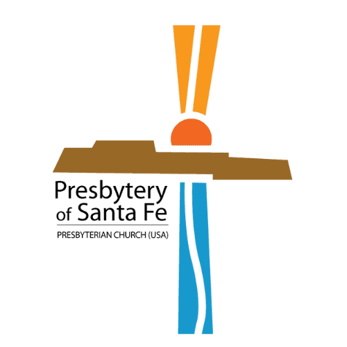 Minimalist logo for the Presbytery of Santa Fe, incorporating religious symbolism with a cross, sun, and diverse color palette.