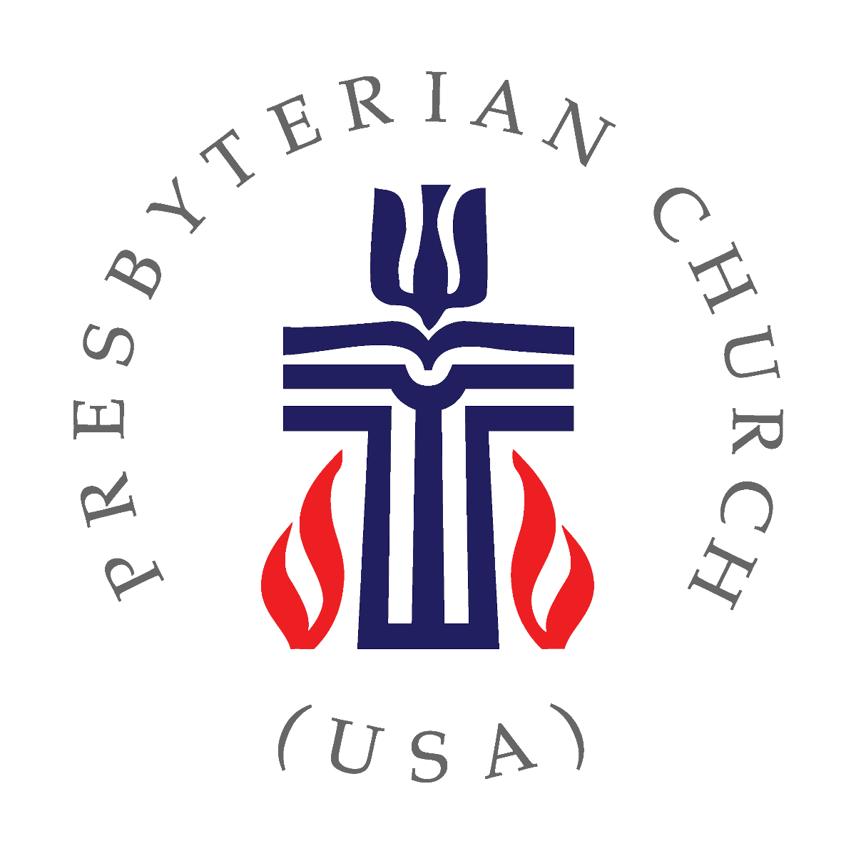 Presbyterian Church (USA) emblem features a stylized cross with a descending dove and flames, symbolizing faith and spirit, encircled by text.