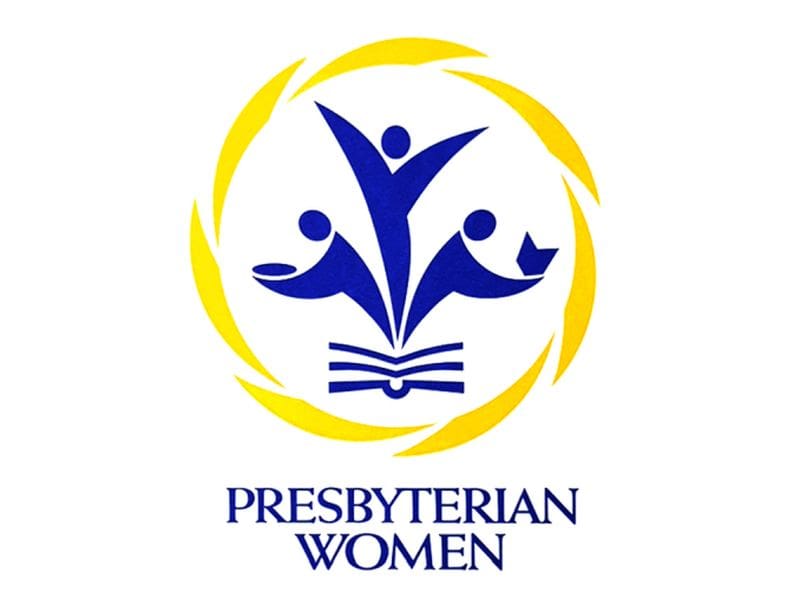 Blue abstract figures above an open book inside a yellow circle, with "Presbyterian Women" text below, symbolizing unity and community.
